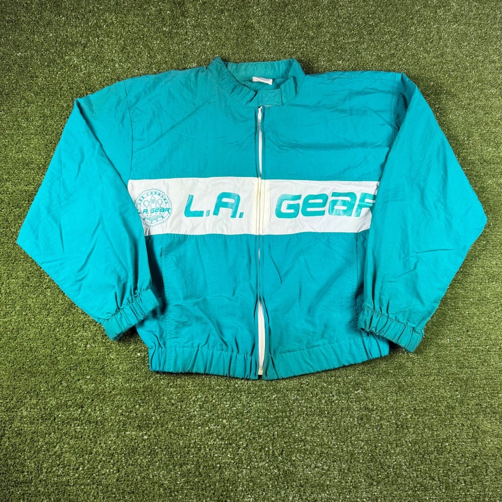 Vintage LA Gear Windbreaker Jacket Teal White 90s Retro Nylon Mens Medium 150009